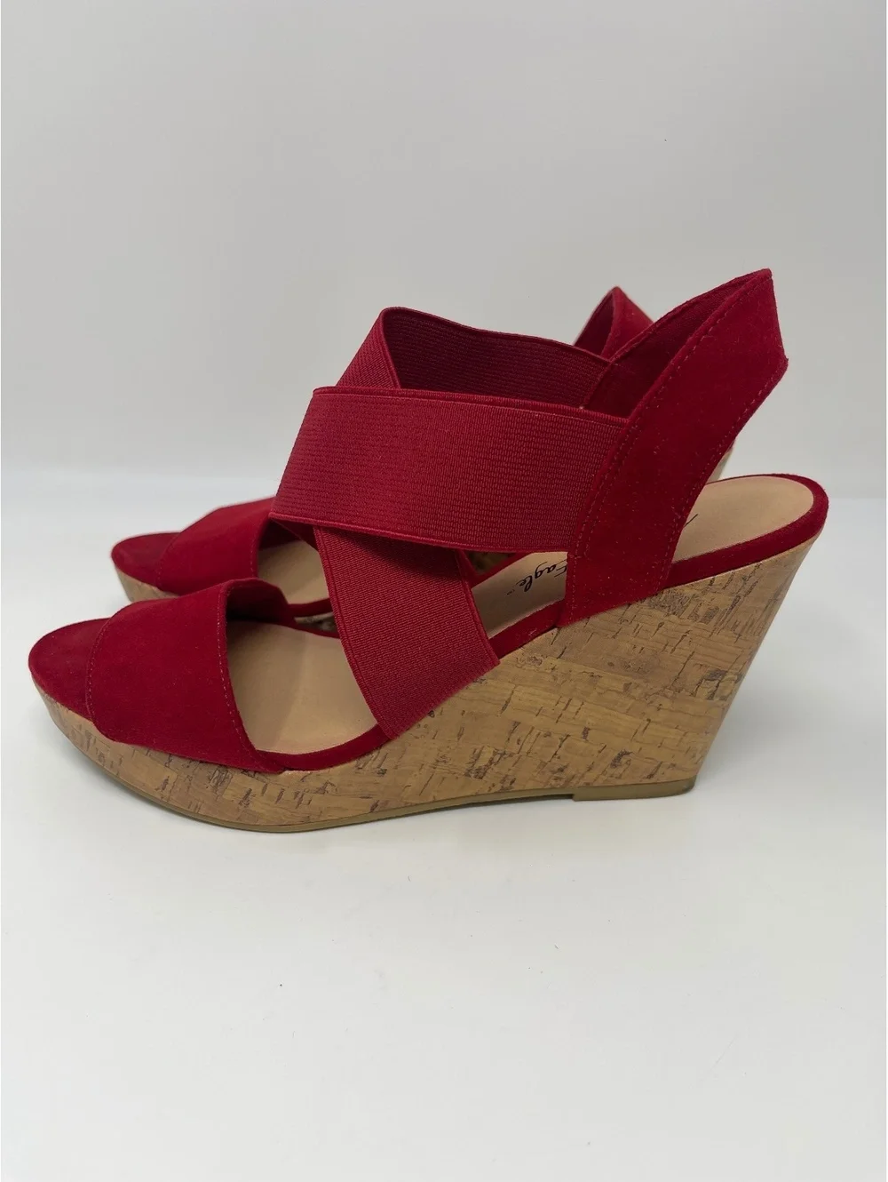 American Eagle Heels Womens Sz 9.5 Wedge Platform Sandals Red Suede Elastic Cork
